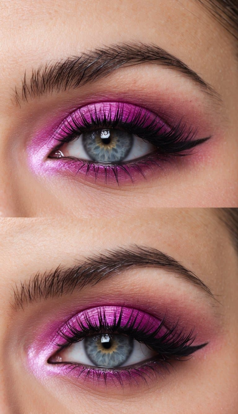 A close-up of a vibrant, romantic pink and purple eye makeup look with intricate details and dreamy colors