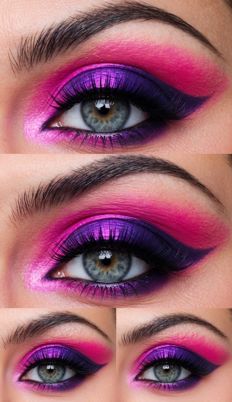 A swirling vortex of vibrant pink and purple hues, blending together in a romantic and colorful eye makeup design