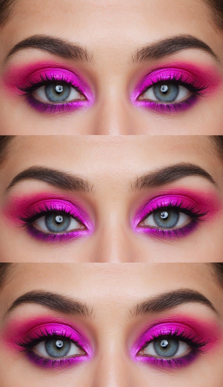 A close-up of a pair of eyes with vibrant pink and purple eyeshadow, creating a romantic and colorful makeup look