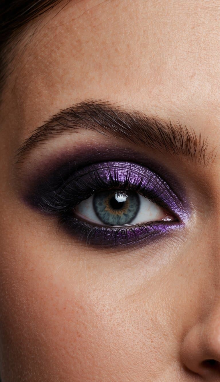 A shadowy eye with amethyst hues emerges from the darkness