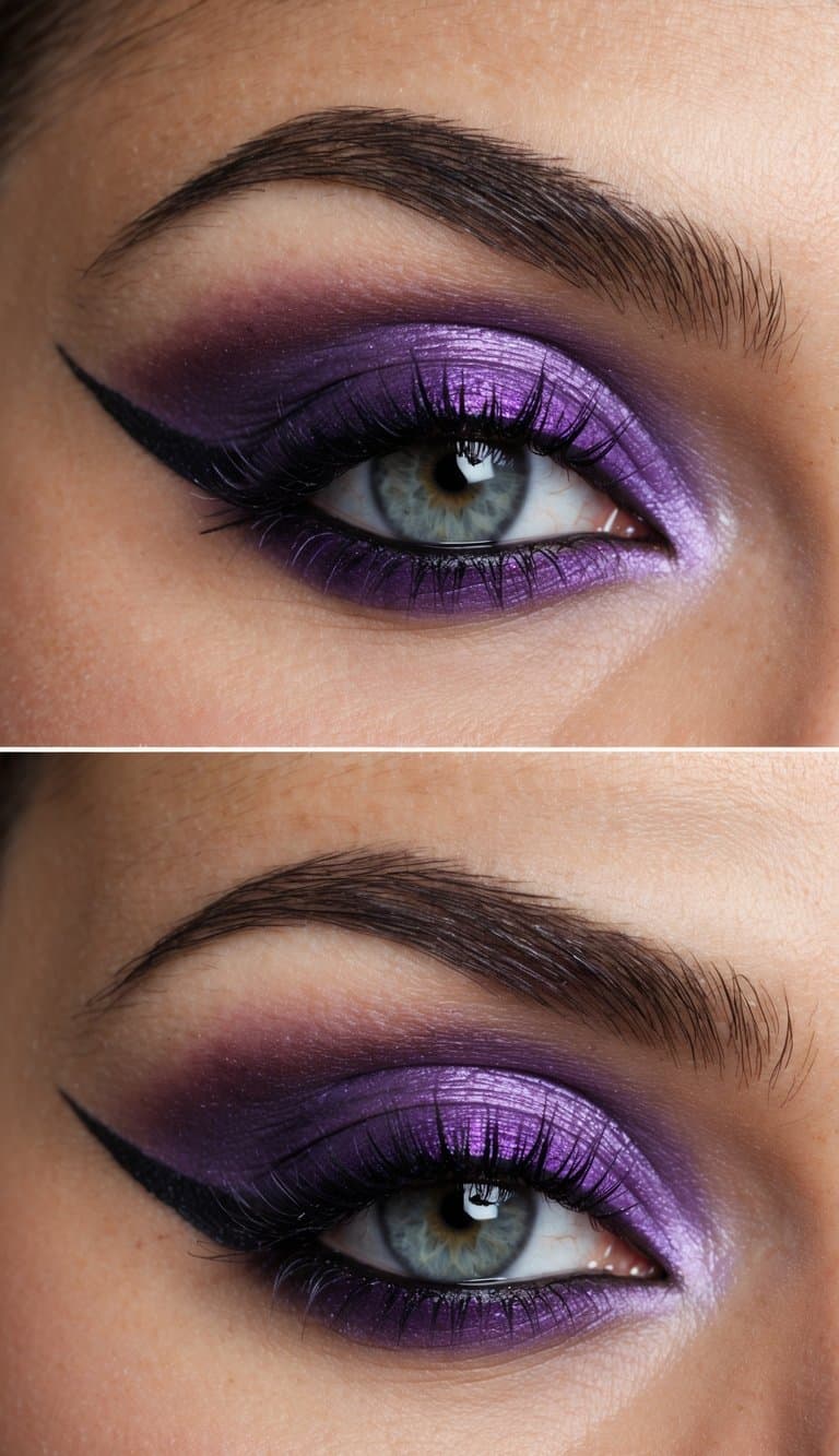 A close-up of a bold and mysterious purple smokey eye makeup design with a lilac ombre transition