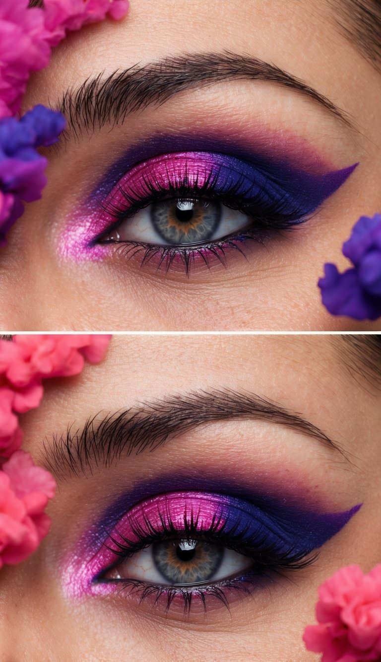 Pink and purple smoke swirling in a romantic and colorful eye makeup scene
