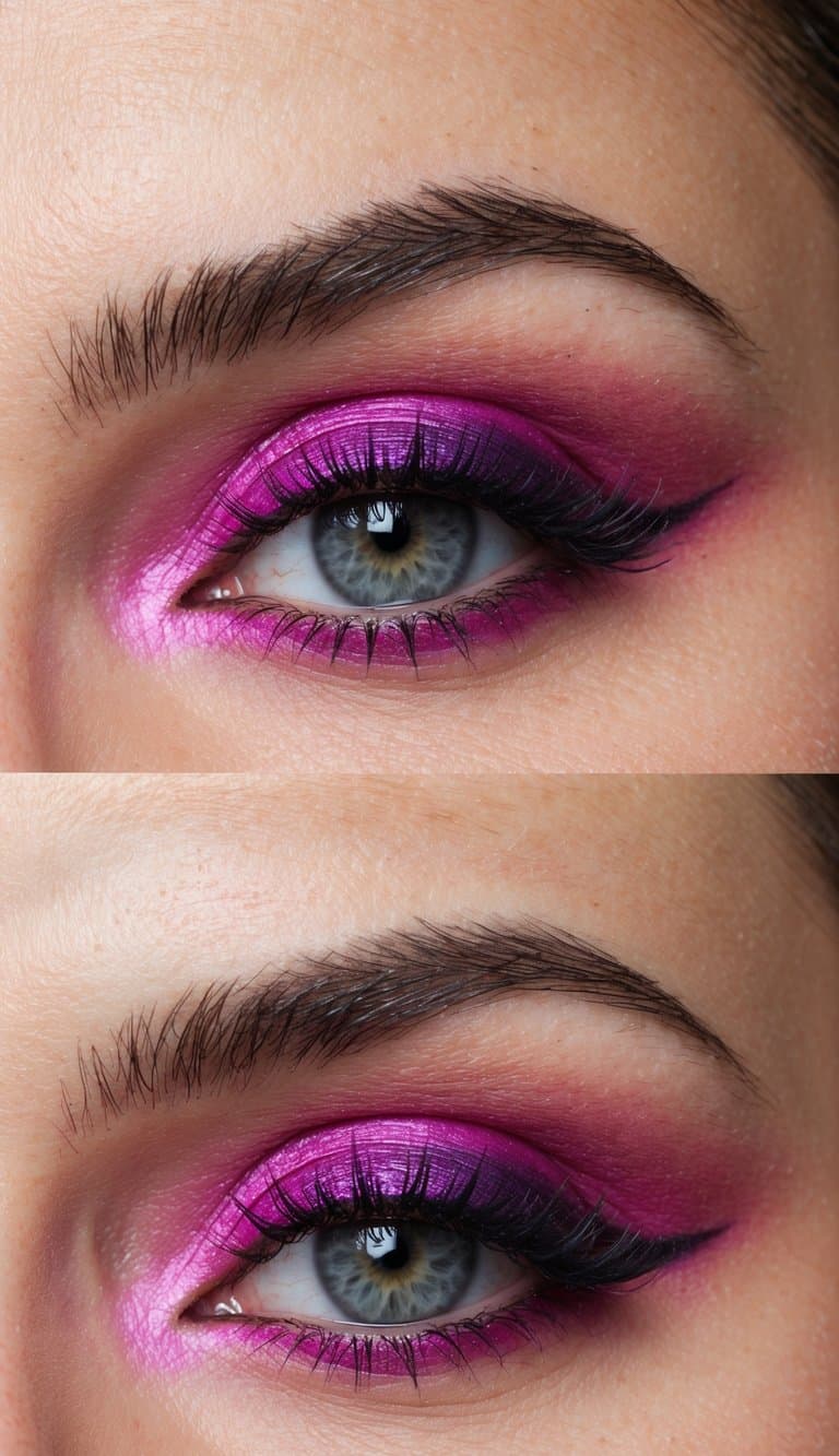 A close-up of vibrant pink and purple eye makeup, with swirling and blending colors creating a romantic and mystical look