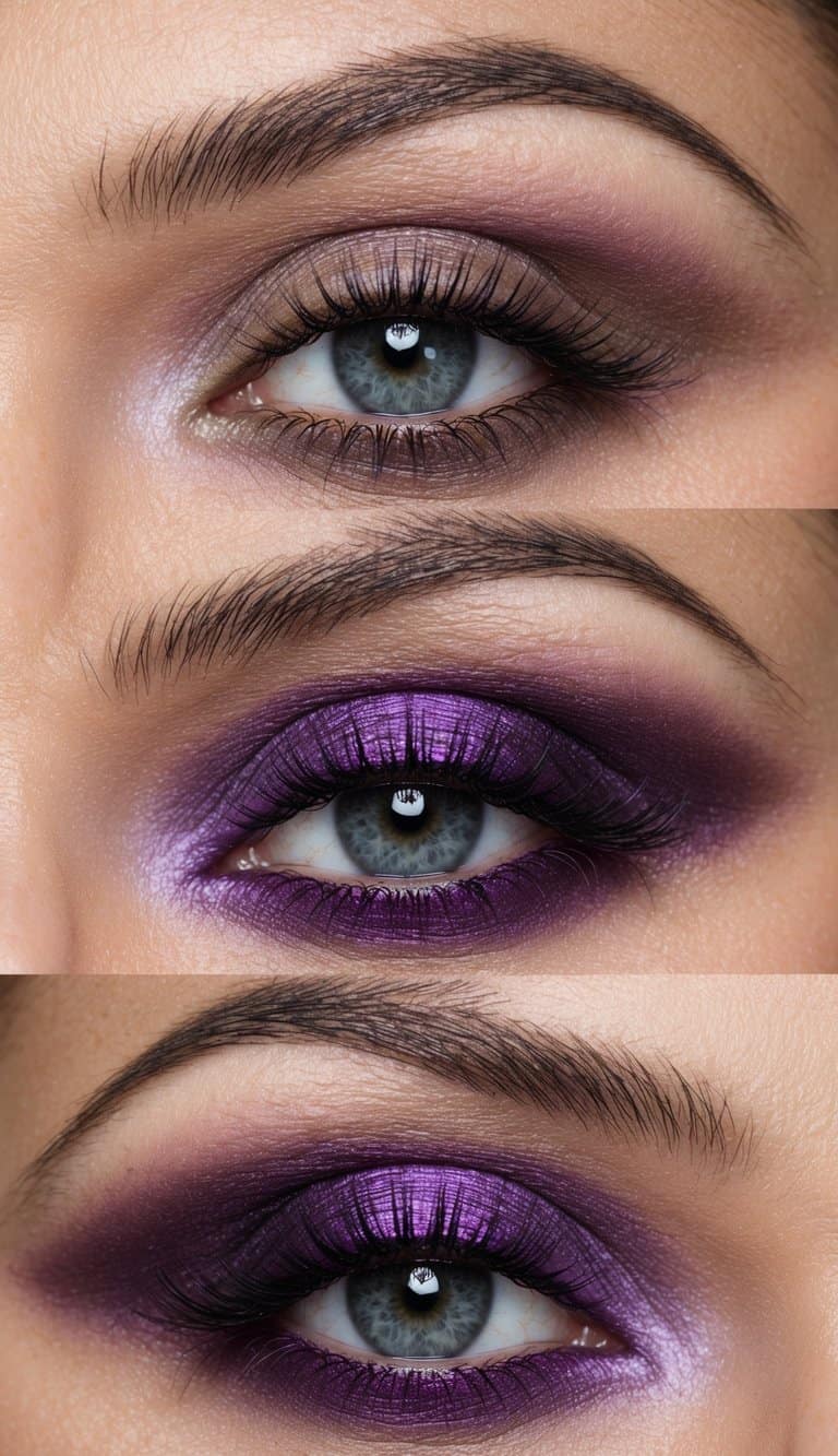 A soft mauve crease blending into bold purple smokey eye makeup design