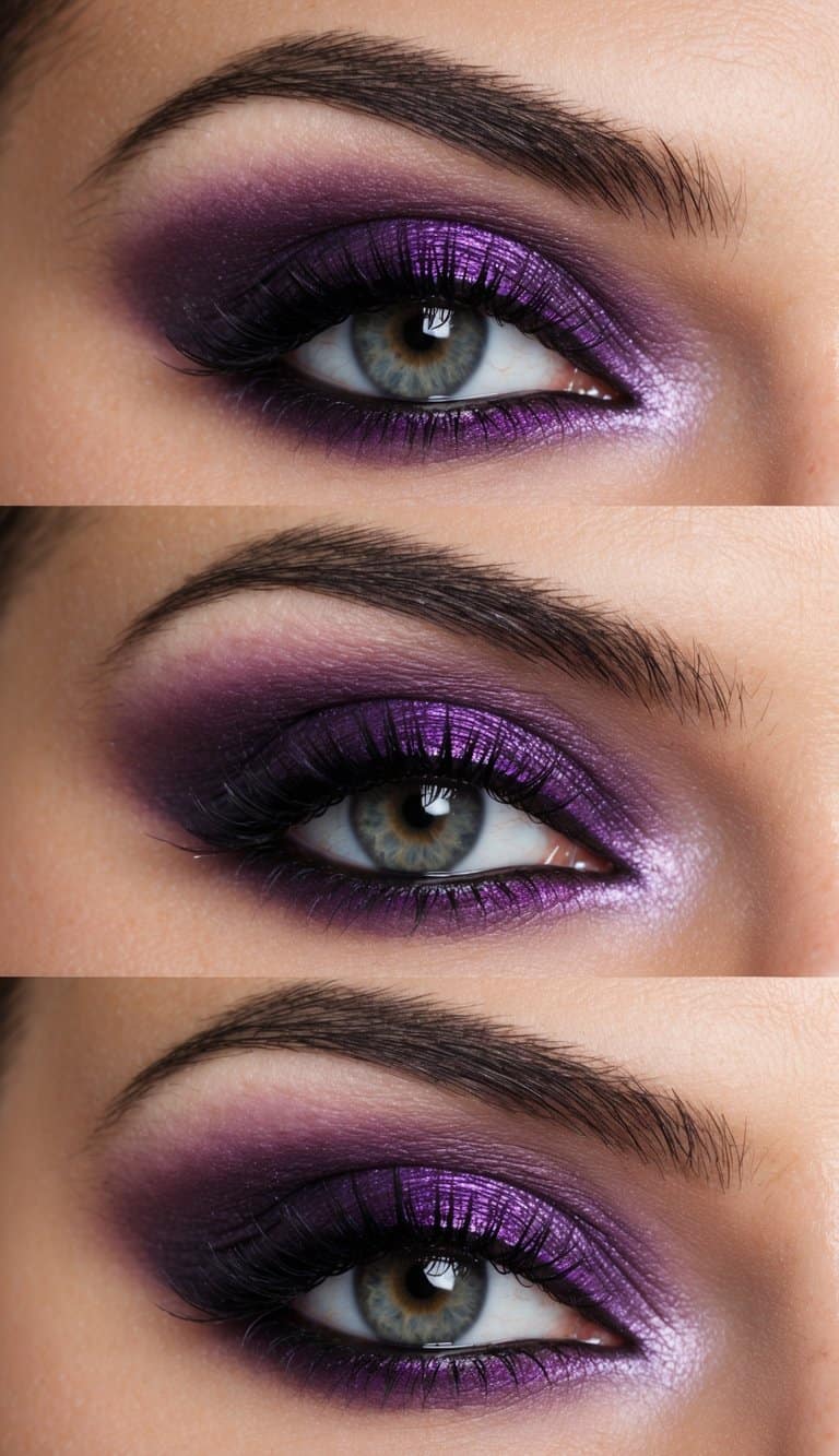 A close-up view of a dramatic purple smokey eye makeup look with a shimmering grape overlay
