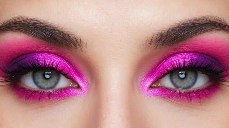 A close-up of a pair of eyes with vibrant pink and purple eyeshadow, creating a romantic and colorful makeup look