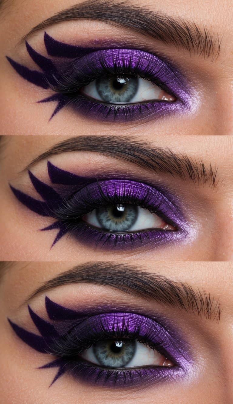 A close-up of a dramatic purple smokey eye makeup look, with electric violet flashes and bold, mysterious designs