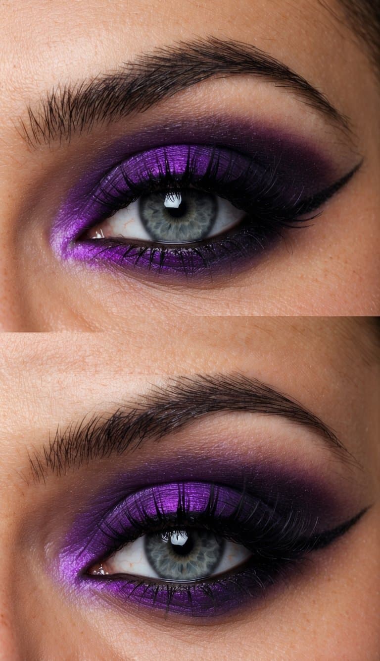 A close-up of a mysterious and bold purple smokey eye makeup design