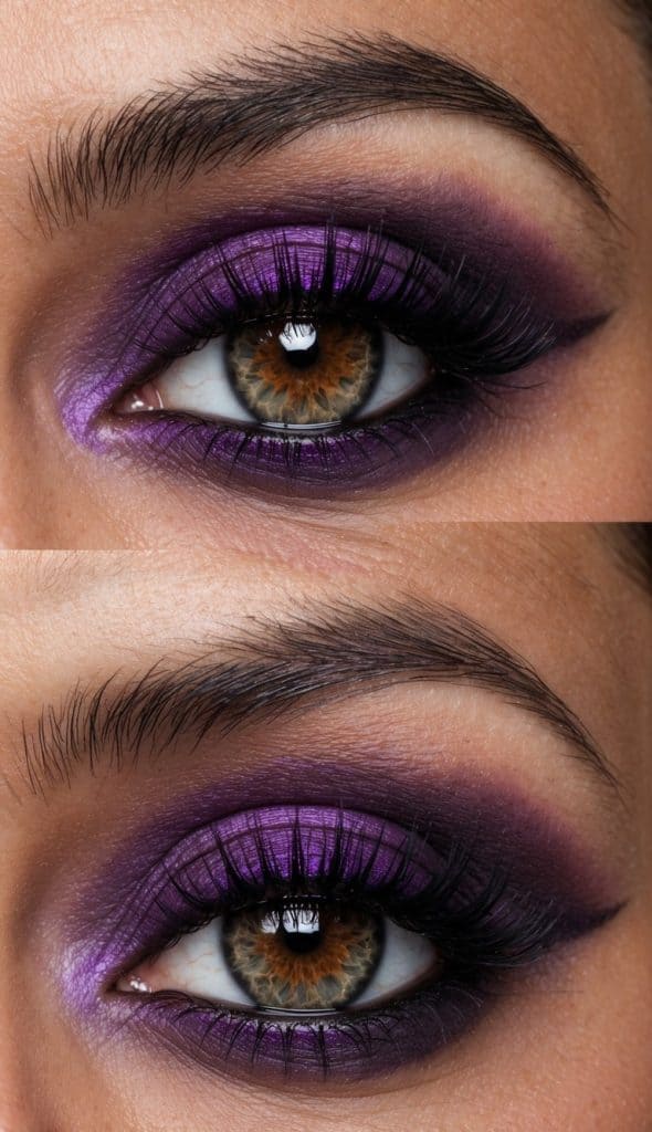 Close-up of two eyes with intricate purple eye makeup and extended lashes.