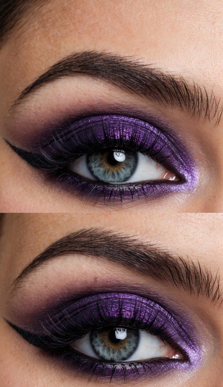 A close-up of a pair of eyes with a dramatic and mysterious purple smokey eye makeup look
