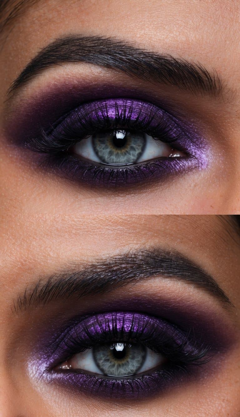 A close-up of a dramatic purple smokey eye makeup look with luxurious and mysterious vibes