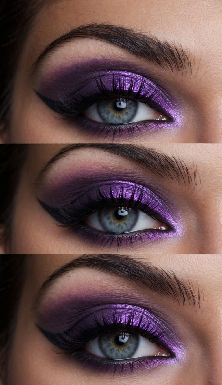 A dimly lit room with moody lilac hues, showcasing bold and mysterious purple smokey eye makeup designs