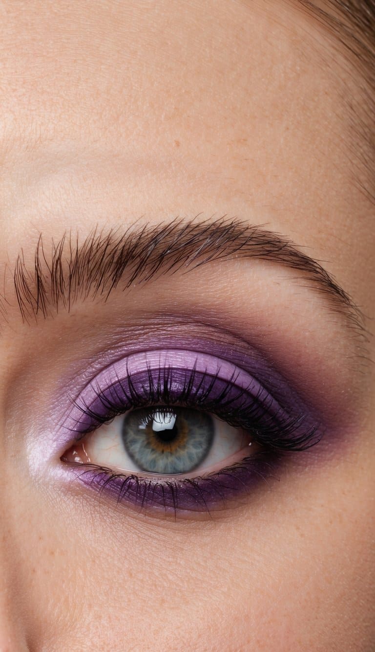 A close-up of a soft peachy lavender and bold purple smokey eye makeup design