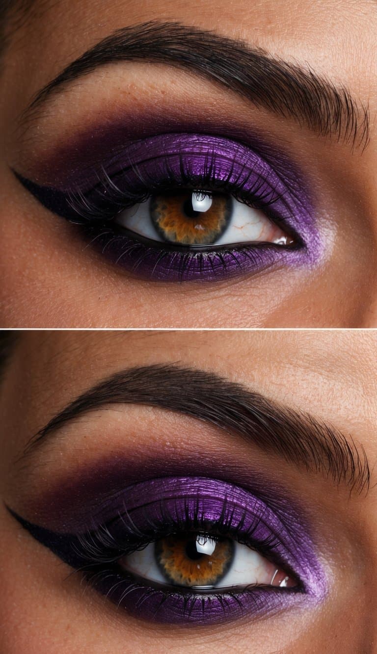 A close-up of a deep caramel-purple smokey eye design, with bold and mysterious purple hues blending together