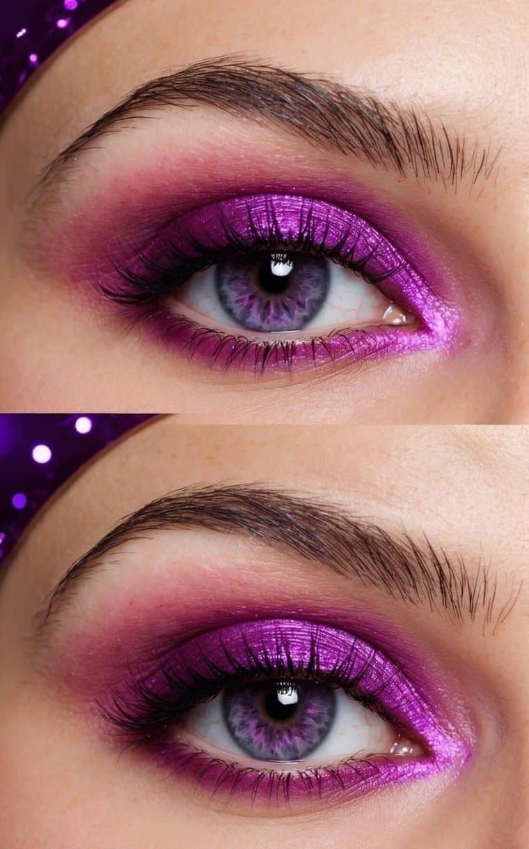 A close-up of pink and purple eye makeup under a shimmering purple starlight