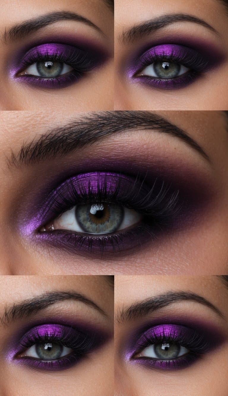 A regal aubergine palette, with deep purples and smoky hues, creates a mysterious and bold atmosphere for the eye makeup design