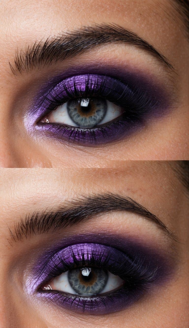 A close-up of a mesmerizing purple smokey eye makeup look with a hint of mystery and boldness