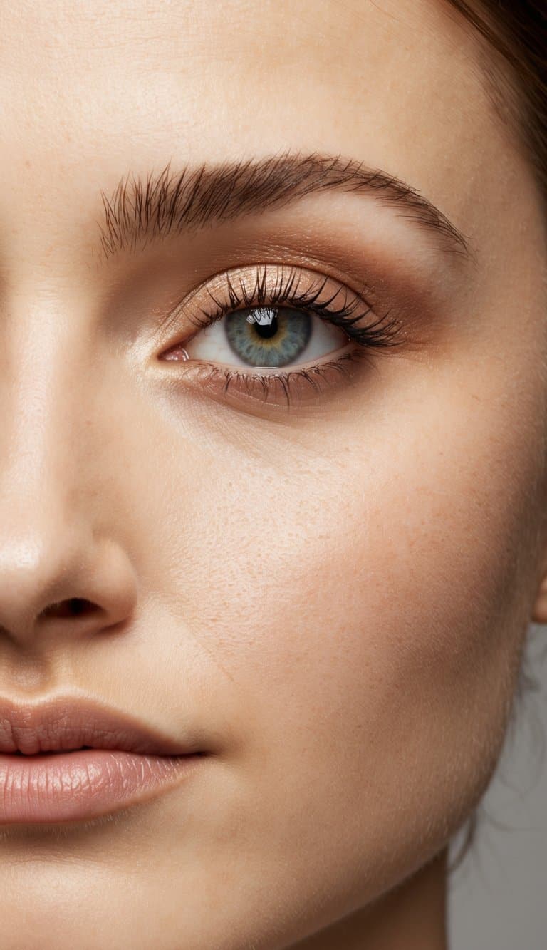 Soft natural light illuminates a serene face with subtly defined eyes, featuring a touch of shimmer and a hint of mascara