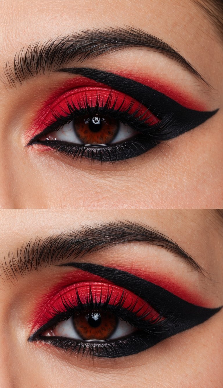 A close-up of dramatic red and black eye makeup, with bold layers and edgy details