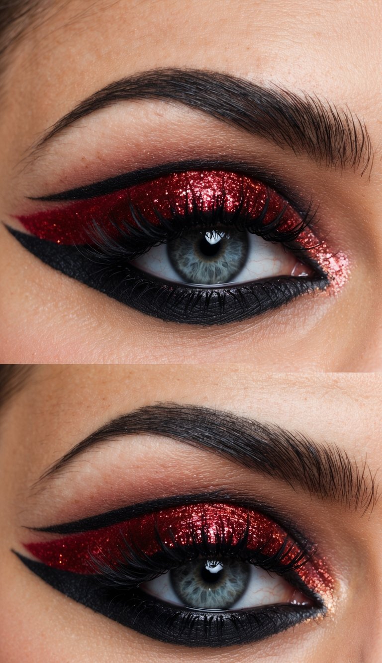 A close-up of a dramatic and edgy red and black eye makeup look with crimson glitter and black wings