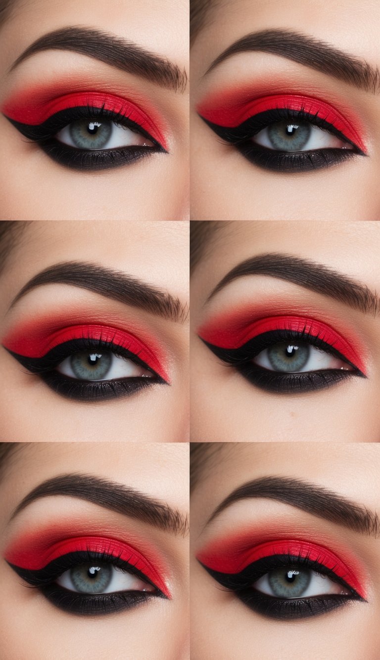 A close-up of bold, red and black eye makeup with sharp, dramatic flicks