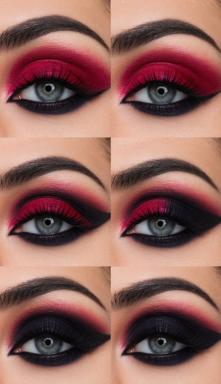 A bold berry and shadowed black eye makeup look with dramatic and edgy red and black colors