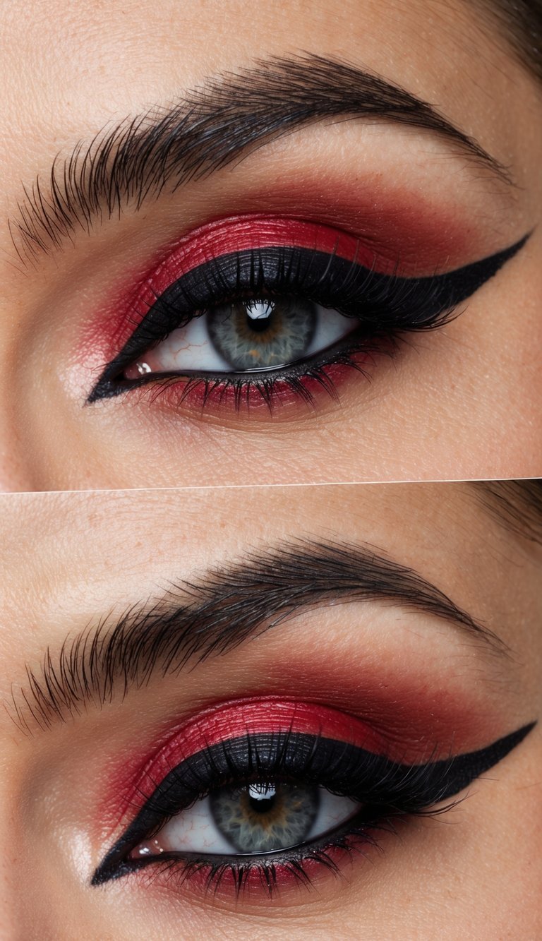 A close-up of a dramatic and edgy red and black eye makeup look, featuring a garnet glow with a black outline