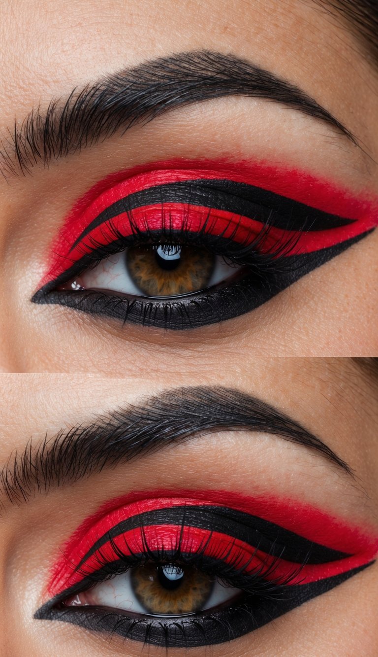 A close-up of a dramatic and edgy red and black eye makeup look with defined lines and bold colors