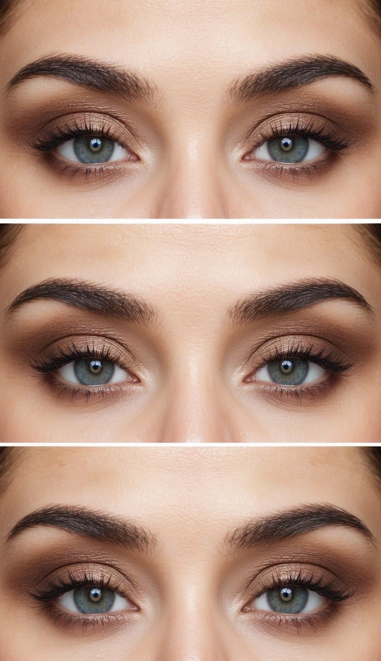 A close-up of an eye with soft, neutral eyeshadow in shades of chocolate and taupe, creating a simple and effortless makeup look