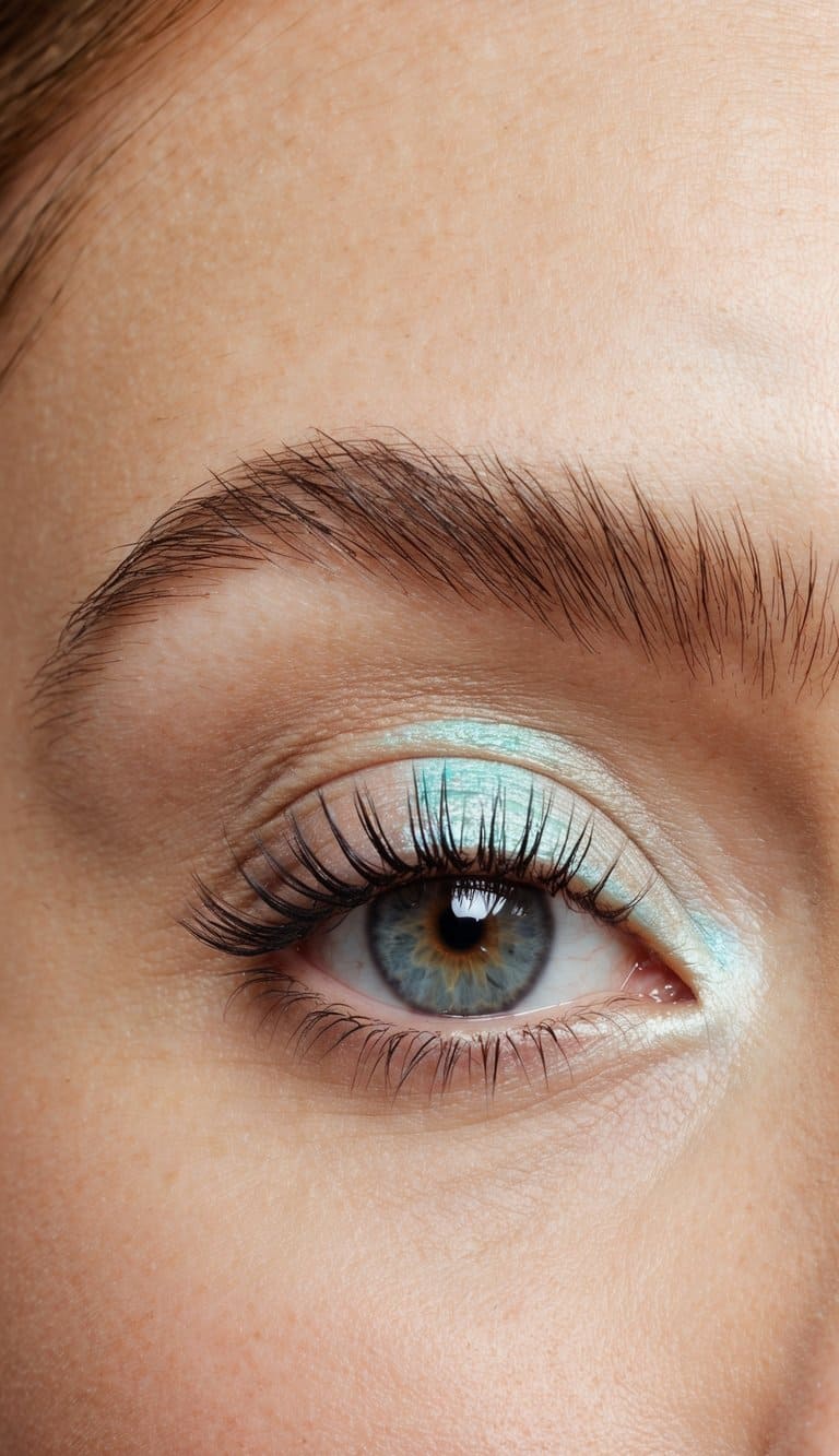 A close-up of an eyelid with opalescent eyeshadow and minimal makeup