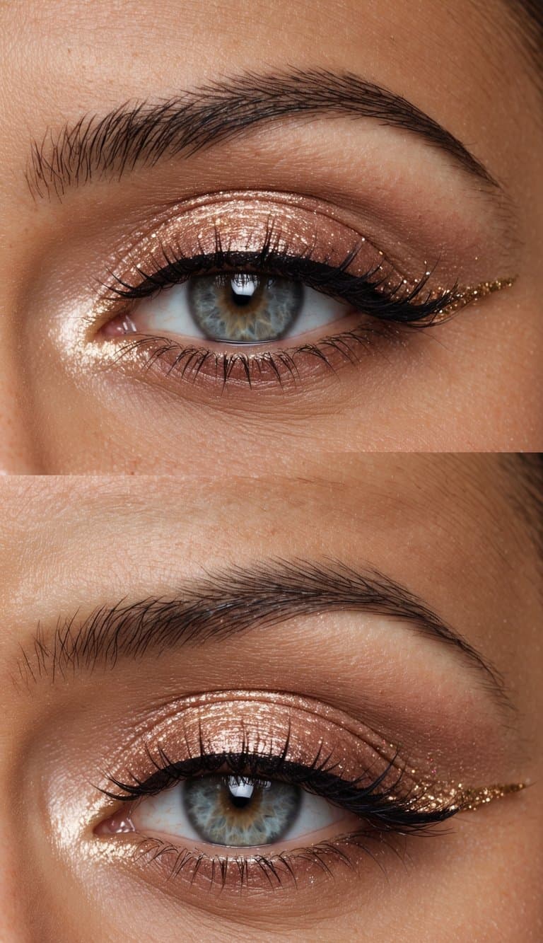 Soft rose gold eye makeup with glittery winged liner, warm and luxurious