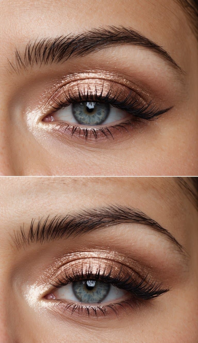 Soft and luxurious rose gold eye makeup on a silver background, with a mix of rose gold and silver elements