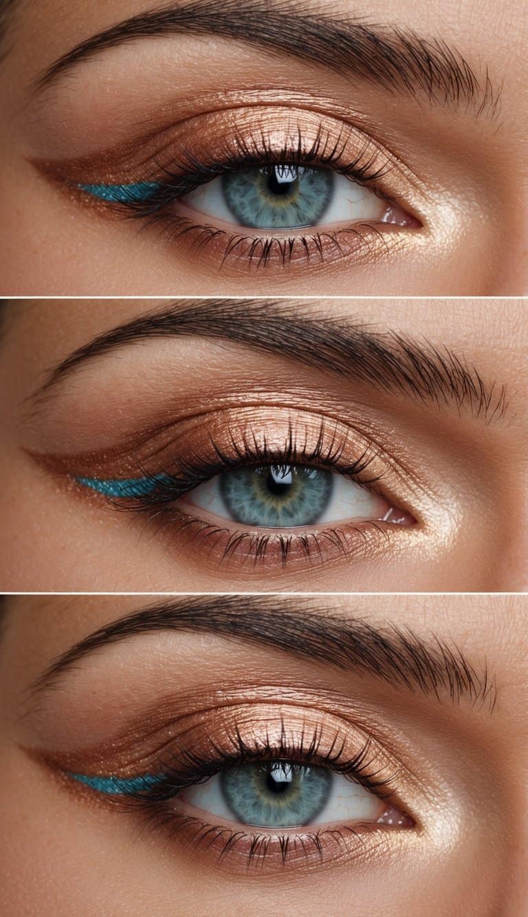 Warm rose gold eye makeup with a soft, luxurious feel, highlighted by an aqua underline