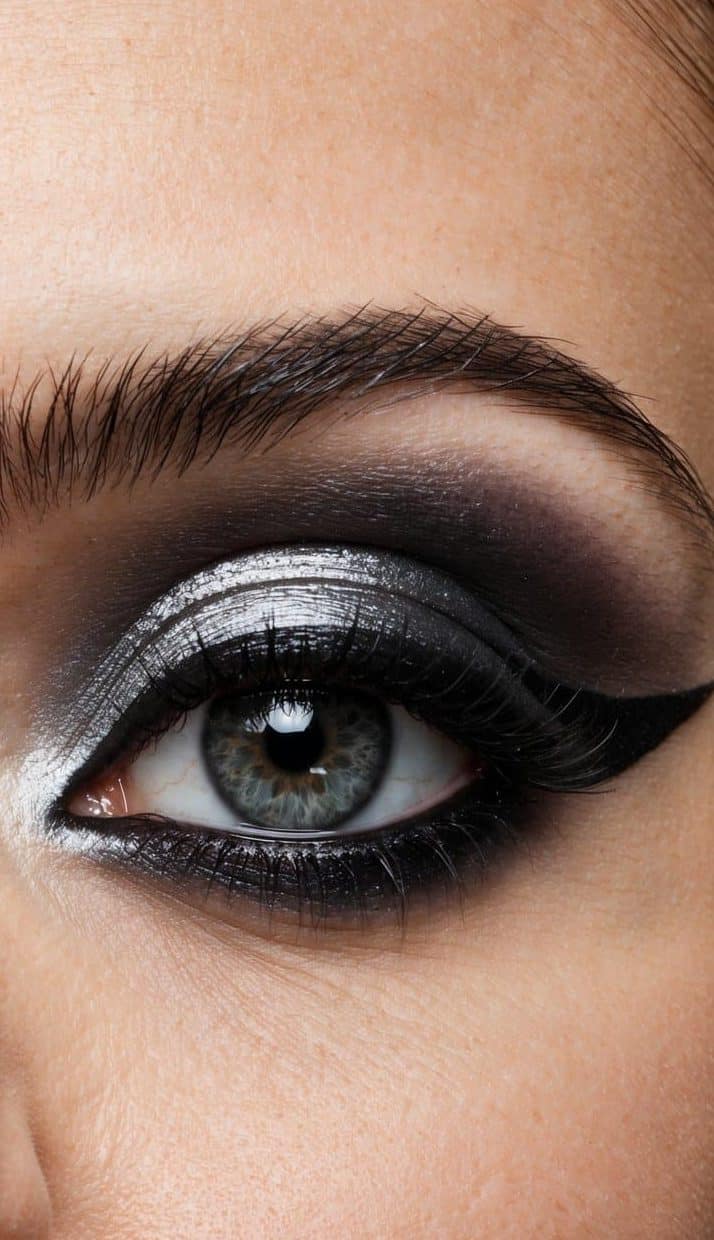 A close-up of a dramatic eye with silver metallic eyeliner and bold black eyeshadow, creating an edgy and sophisticated look