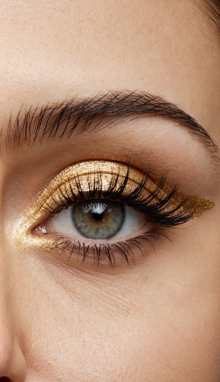 A close-up of an eyelid with a shimmery gold cut crease, framed by long lashes and a subtle gold eyeshadow