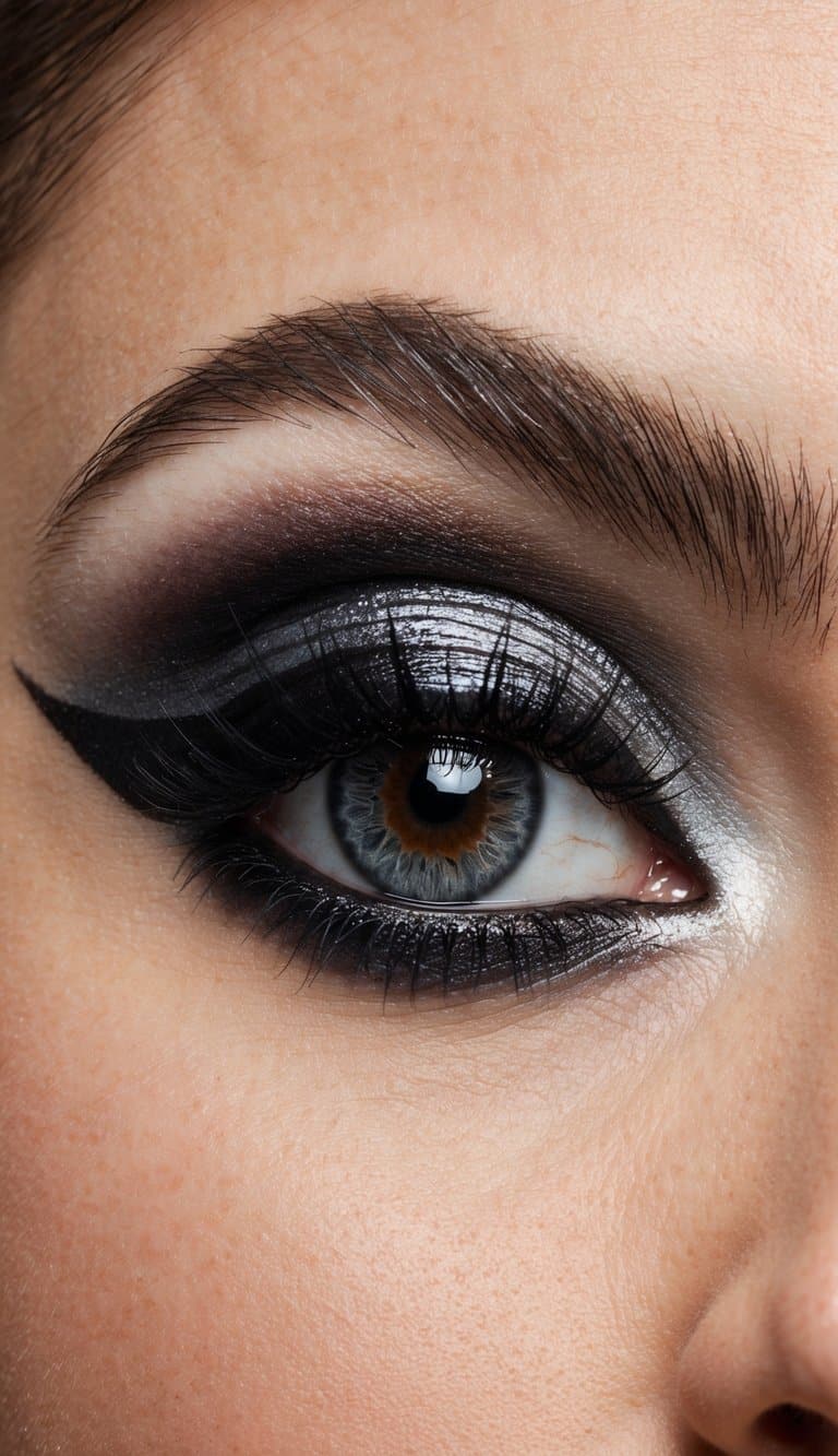 A close-up of a dramatic eye with a gunmetal ombre look, featuring edgy silver and black eye makeup