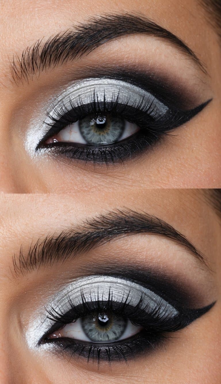 A close-up of a silver and black eye makeup look, with edgy and sophisticated details