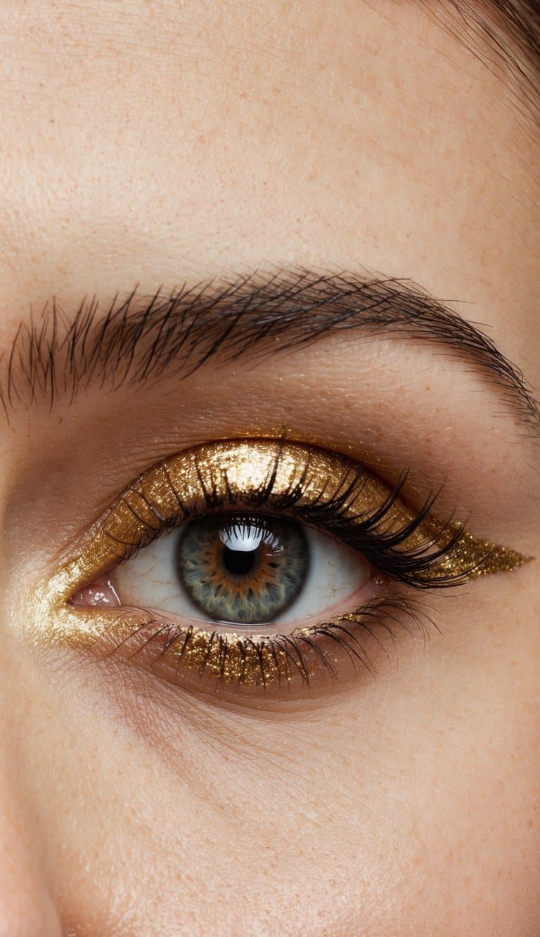 A close-up of an eye with a glittery gold inner corner, framed by simple gold eyeshadow