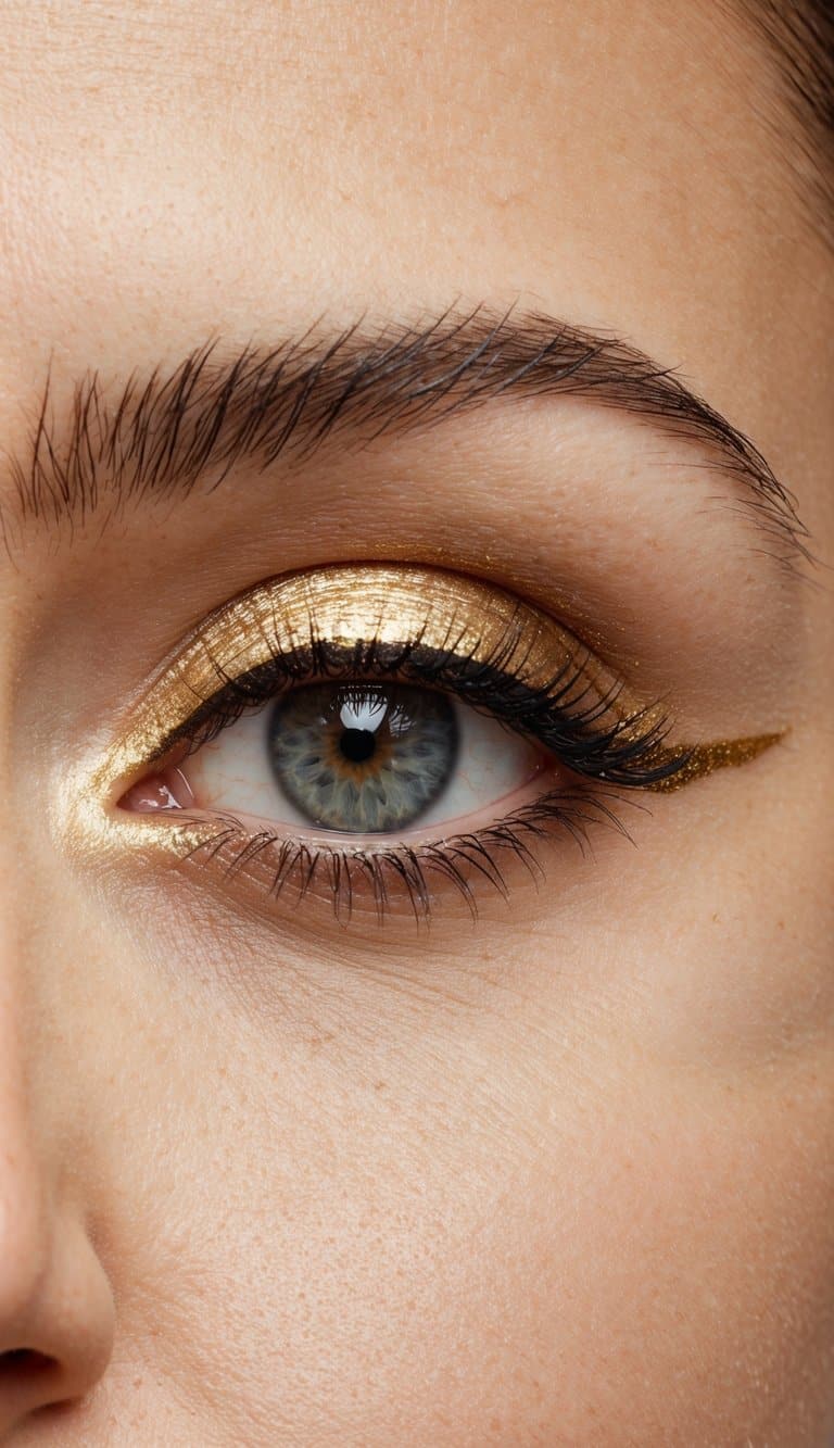 A close-up of a single eyelid with a subtle gold liner, creating a chic and understated gold eye makeup look