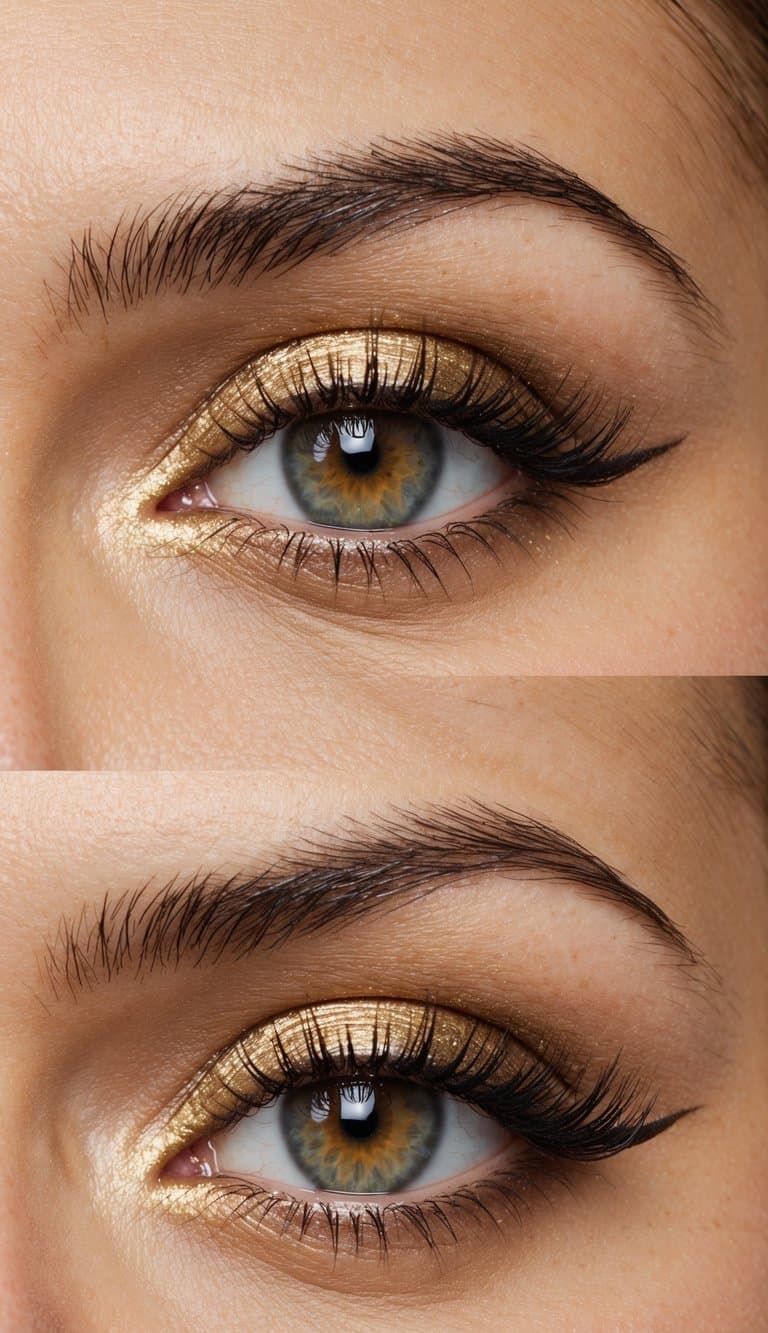 A close-up of a single eyelid with a chic and understated gold eye makeup look