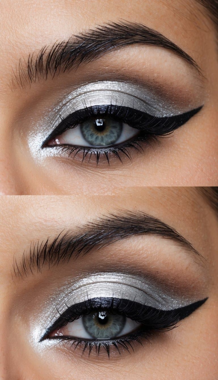 A close-up of a sleek, edgy eye makeup look featuring silver shimmer eyeshadow and bold black eyeliner