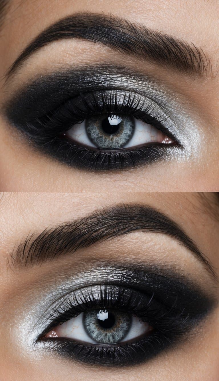 A close-up of a dramatic eye with silver and black graphite eyeshadow blending together in an edgy and sophisticated makeup look