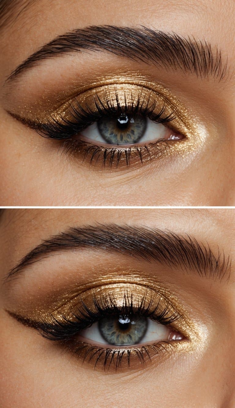 A luxurious makeup palette with shimmering gold eyeshadows and sleek, modern packaging