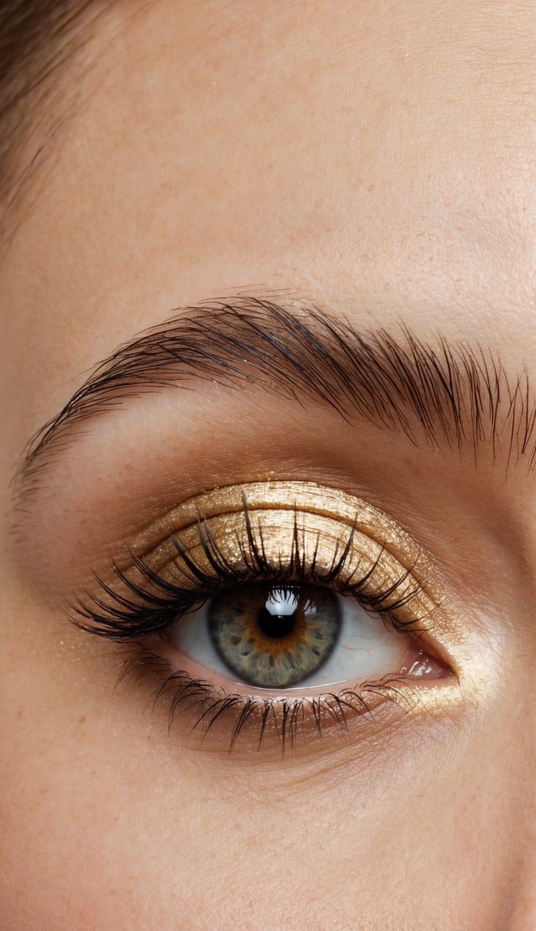 A close-up of a single eyelid with a chic and understated gold eye makeup look