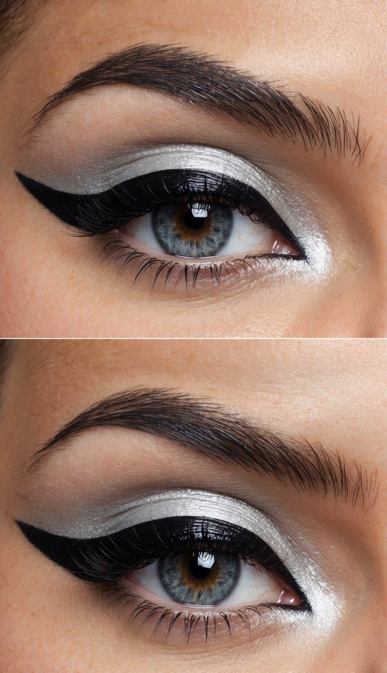 A sleek black liquid eyeliner wing on a silver and black eye makeup look