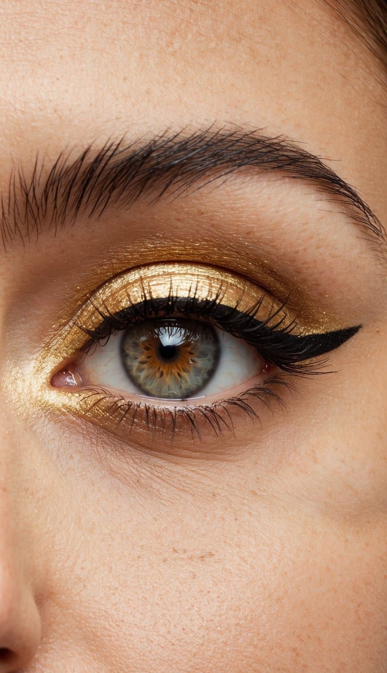 A close-up of an eyelid with a chic and understated gold eye makeup look, featuring winged liner and a shimmering gold eyeshadow