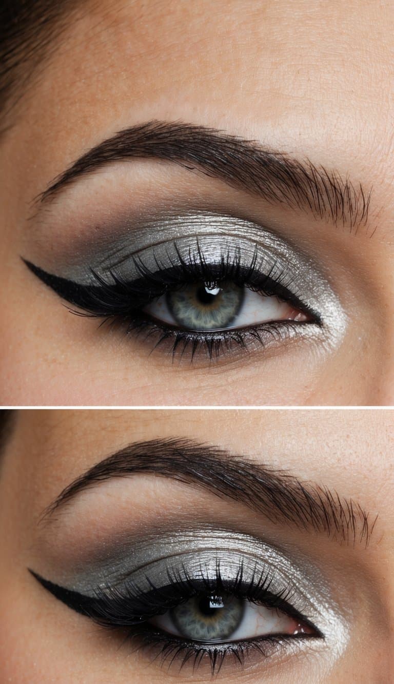 A close-up of a dramatic eye with dusky silver eyeshadow and bold black liner, creating an edgy and sophisticated look