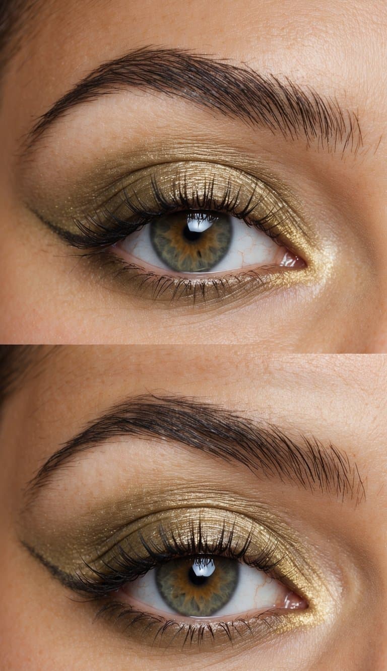A close-up of an eyelid with a subtle olive tone and a touch of gold shimmer, creating a chic and understated eye makeup look