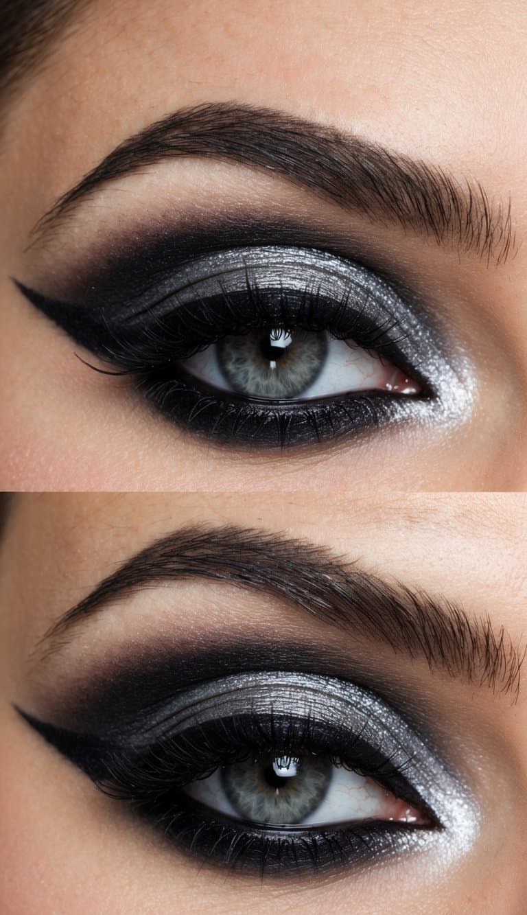 A close-up of a smoky eye makeup look with silver and black tones, creating an edgy and sophisticated feel