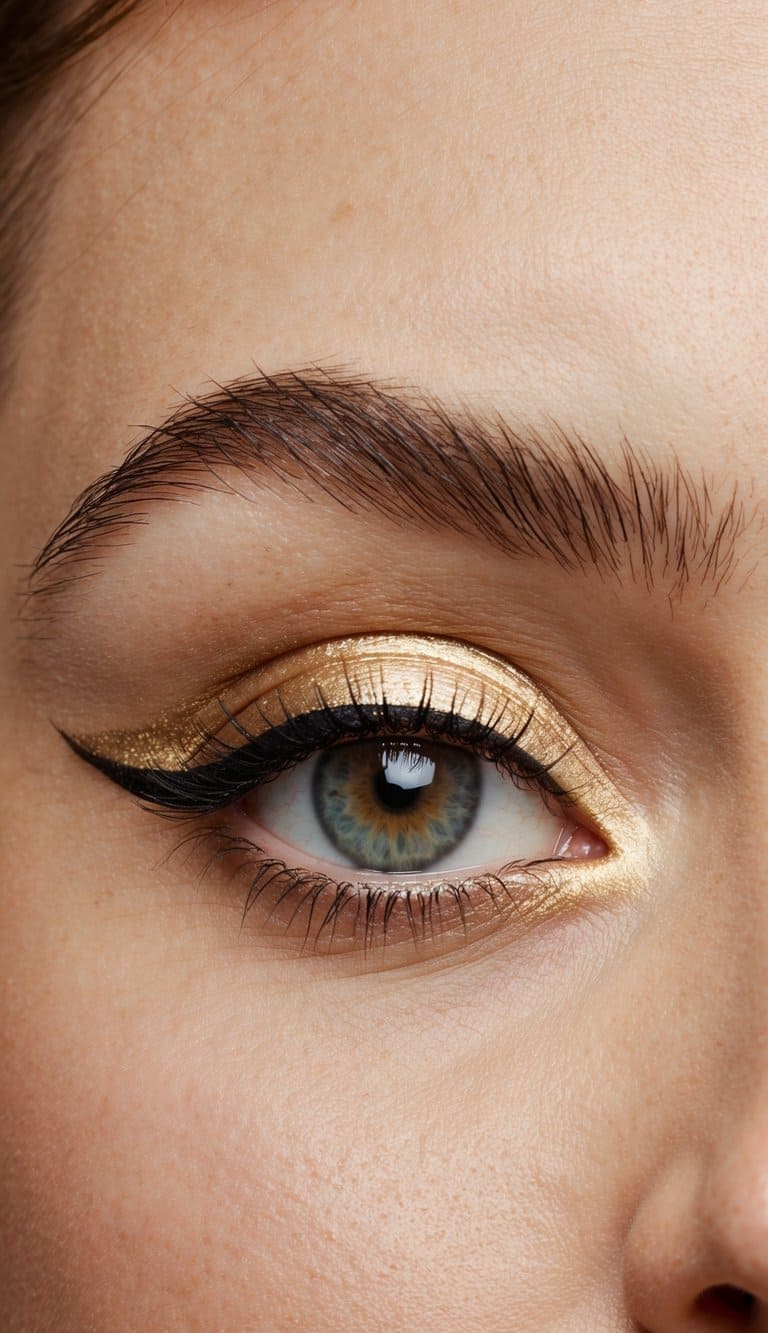 A close-up of a single eye with a simple and chic gold eyeliner look